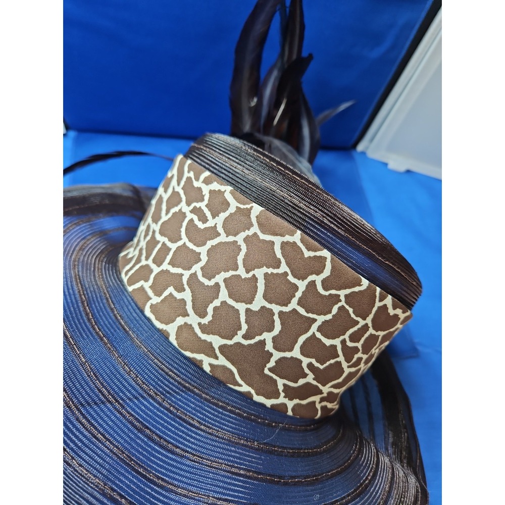 Church Derby Straw Hat Wide Brim Long Feathers Animal Print Whittall & Shon VTG - Picture 10 of 11